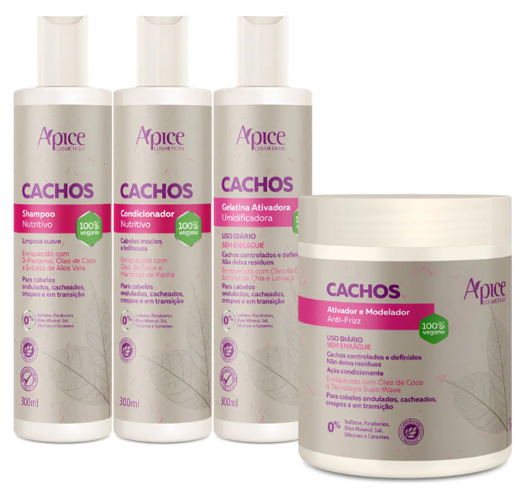 Ápice Cachos kit 500g Shampoo Conditioner Gelatin, Mask and Activator / 5 Step 17.64 fl oz Complete Curl Kit - Ápice