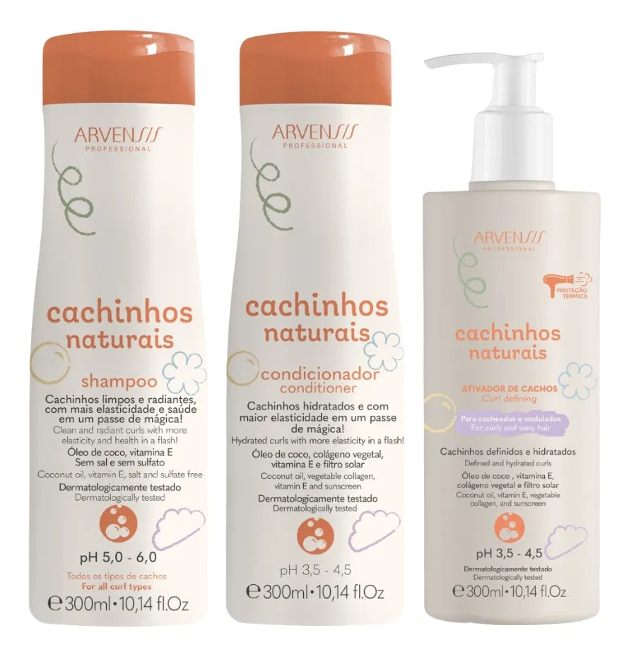 Cachinhos Natural Curls Curly Hair Waves Definition Vegan Kit 3x300ml - Arvensis